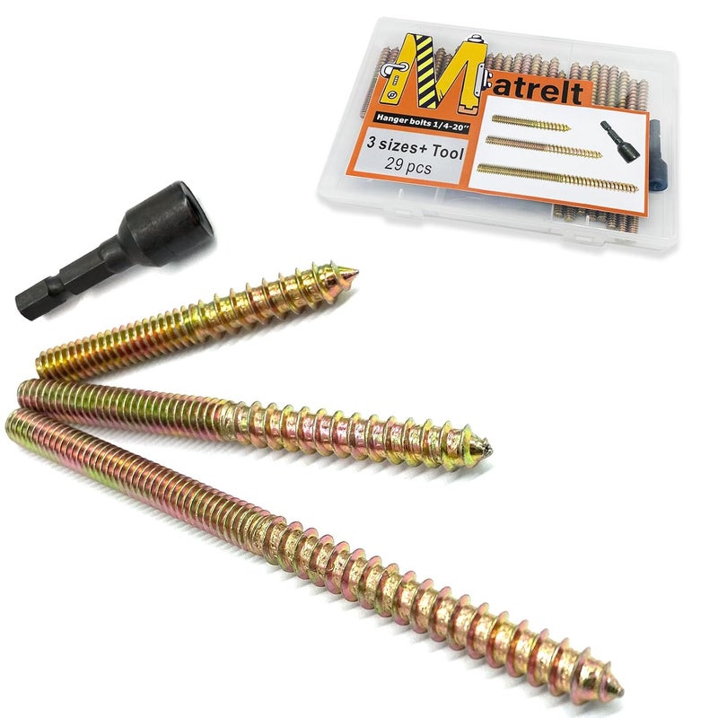 Matrelt 29 Pack 1/4-20" Hanger Bolts 3Sizes 2-4 Inch Include1 pcs Hanger Bolt Driver Double Headed Bolts Wood Dowel Screw Self-Tapping Screw for Furniture Screws Wood Screws Double Threaded Rods - Image 1